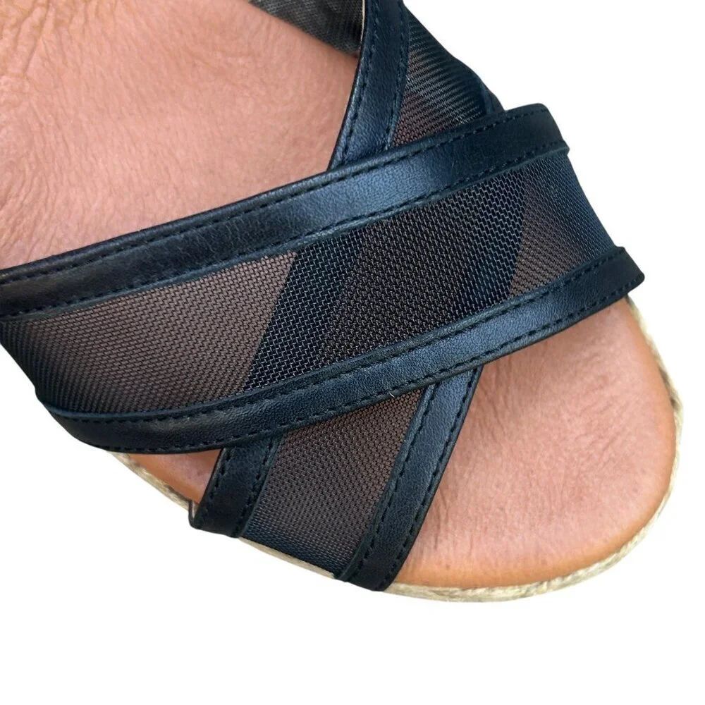 Andre Assoue Black Stretch Mesh Wedge Espadrille Sandals Size 37